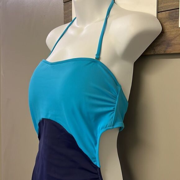 J. Crew Blue One Piece Halter Swim Suit with Cutout Back-& Metal Closure-Size 12 - Picture 5 of 16